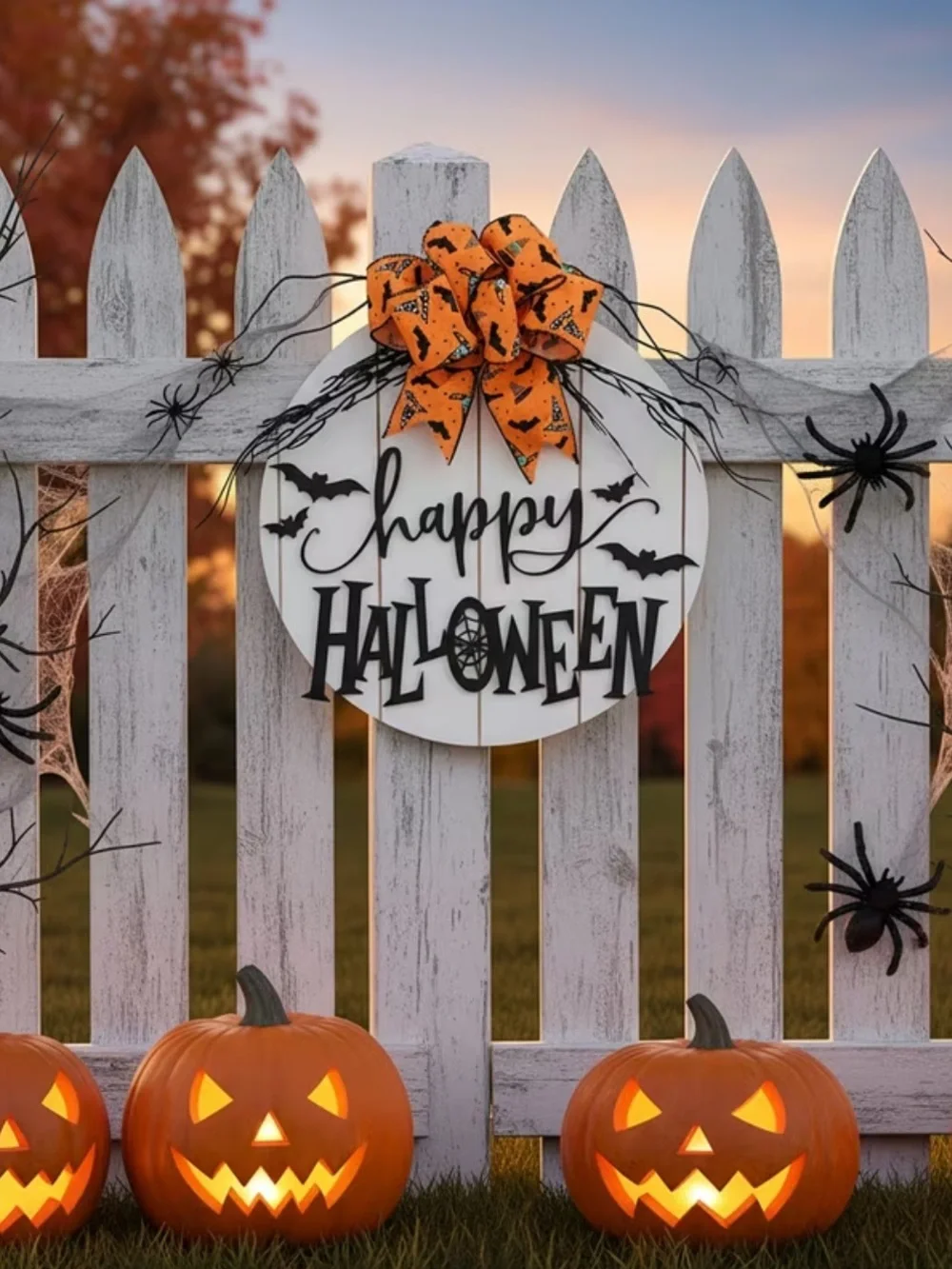Spooktacular Happy Halloween Round Door Sign with Orange Bat Bow 🦇